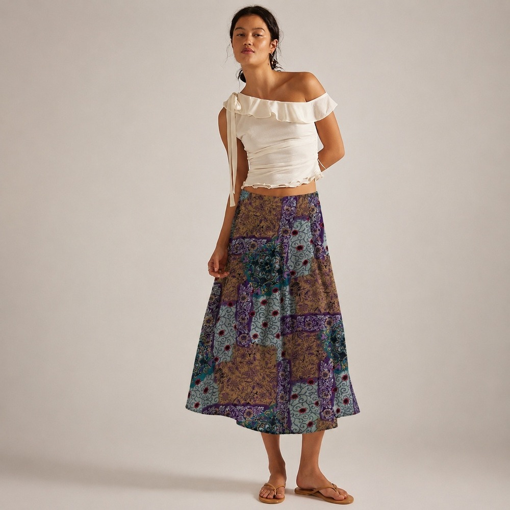 Vintage Boho Patchwork Midi Skirt Womens L Paisley Cottagecore Summer Festival